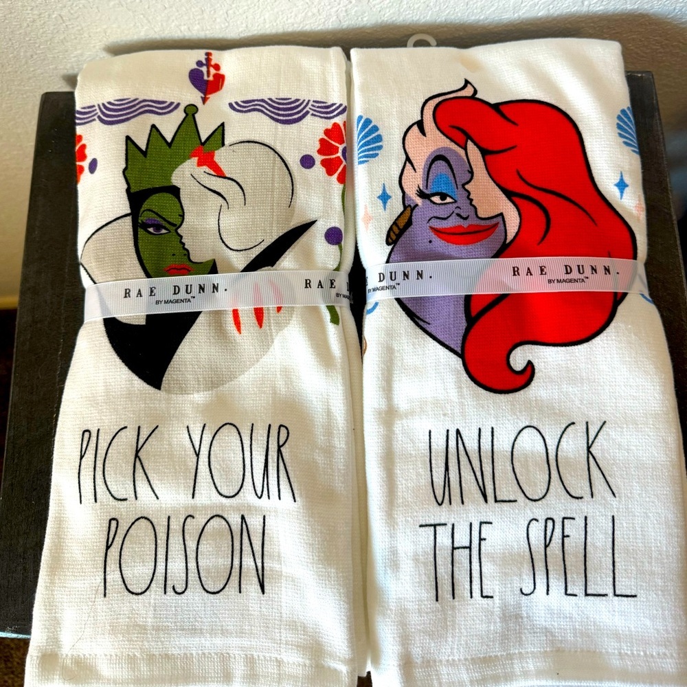 Rae Dunn x Disney Ariel, Snow White & villain’s set of 4 kitchen towels